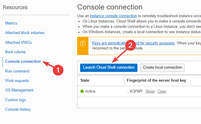 Launch OCI Cloud Shell connection