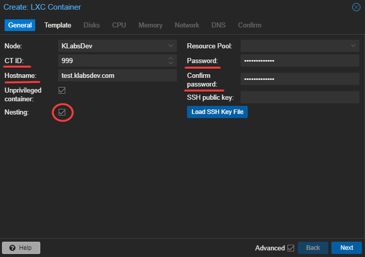 Create New Proxmox LXC Container - General