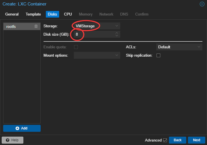 Create New Proxmox LXC Container - Disks